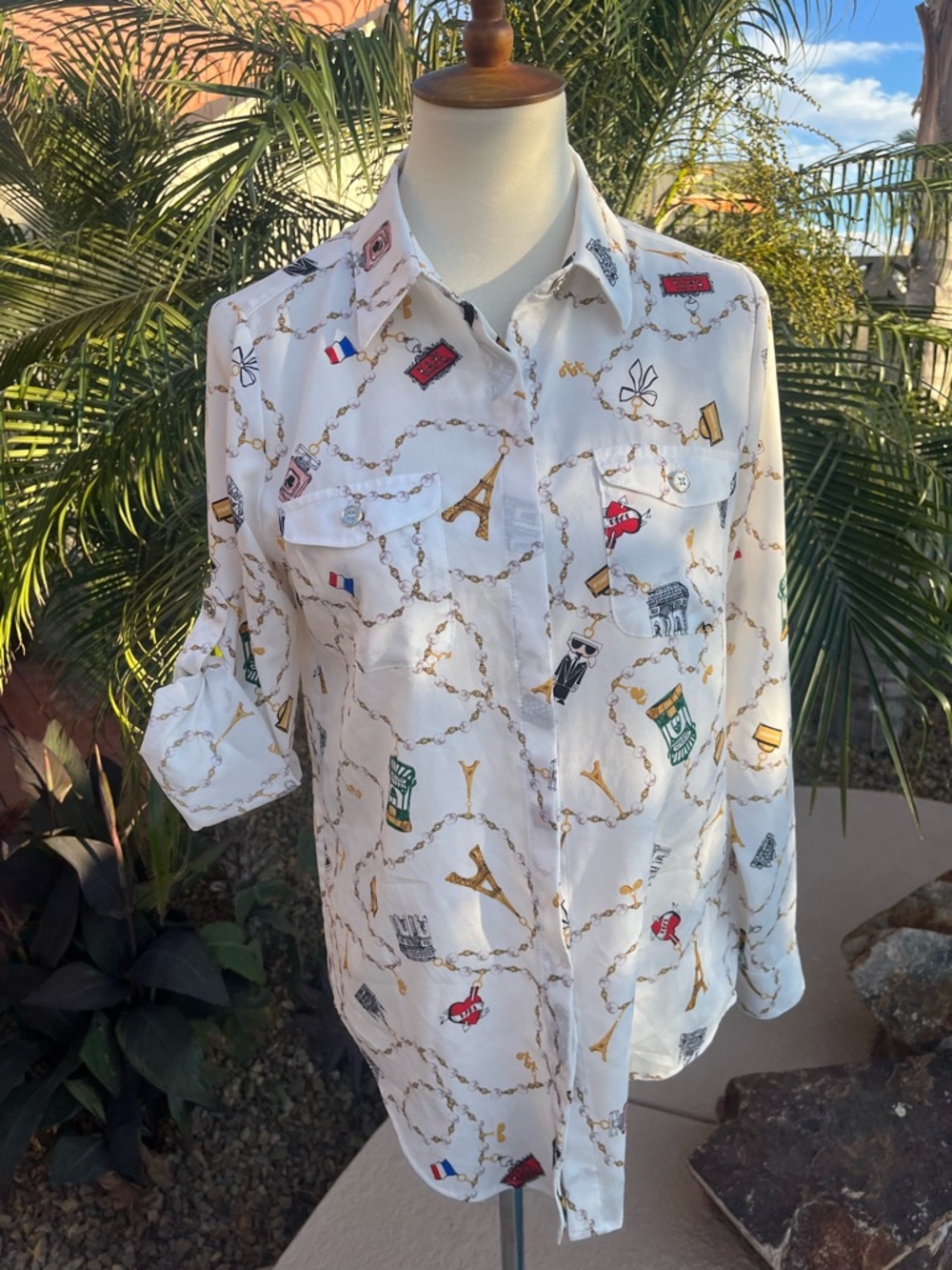 Karl Lagerfeld White Button-Down Shirt with Gold and Multicolor Motif